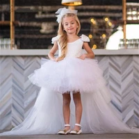 new white puffy flower girl dress tiered tulle children party gown with bow long train girls pageant party gown size 1 14years