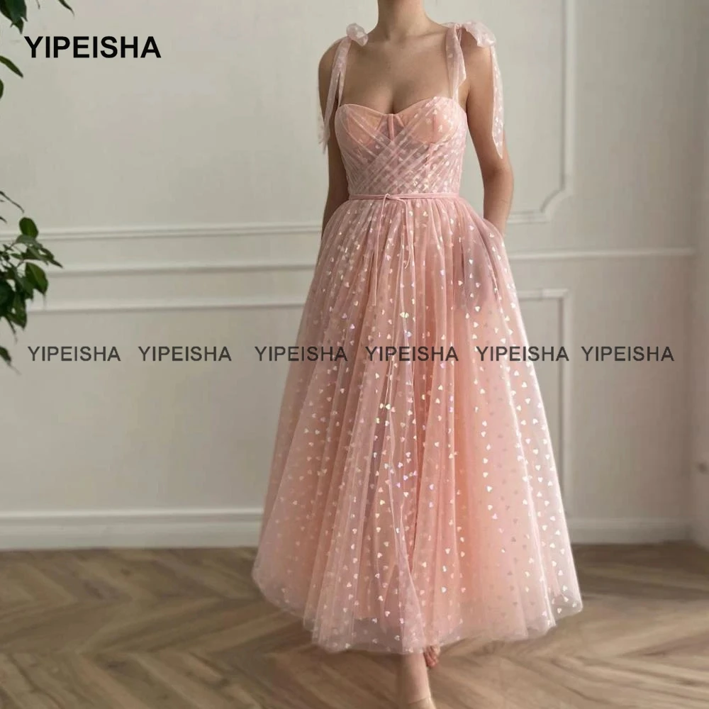 

Yipeisha Blush Pink Prom Dresses 2021 Spaghetti Straps Printed Hearts Cocktail Dress with Pockets Tea-Length Homecoming Gown