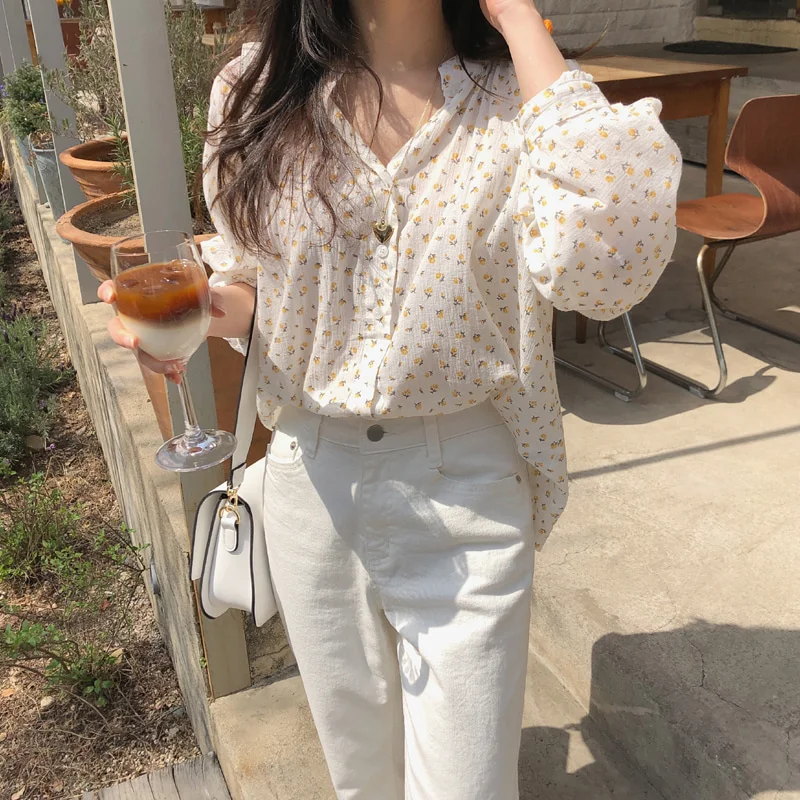 

Retro Hong Kong Style Floral Chiffon Shirt Fresh Sweet Super Fairy Slimming Western Style Puff Sleeve Top Women's Spring and