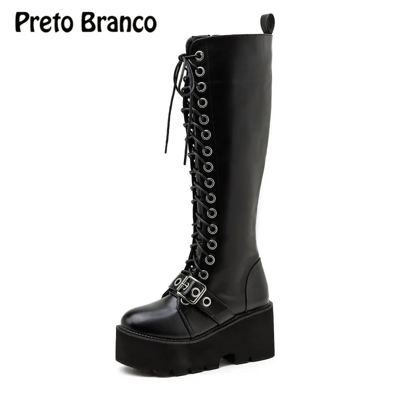 

PRETO BRANCO 2021 Winter Long Boots Waterproof Platform Buckle Chunky Heel High Heel Riding Boots Wedge Boots JXQ
