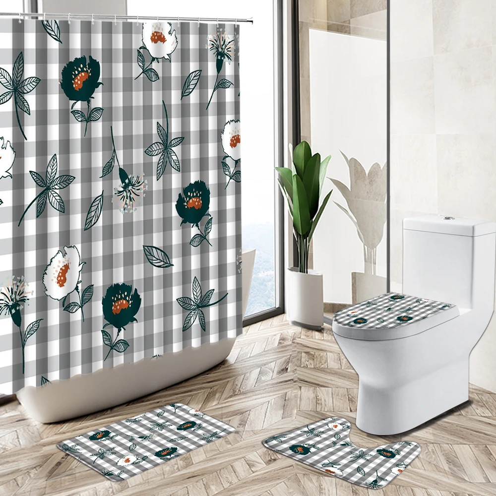 Comprare Elegante Tenda Da Doccia Con Stampa A Strisce Reticolari Geometriche Set Da Bagno Semplice In Stile Europeo Set Copriwater Antiscivolo Con Piedistallo