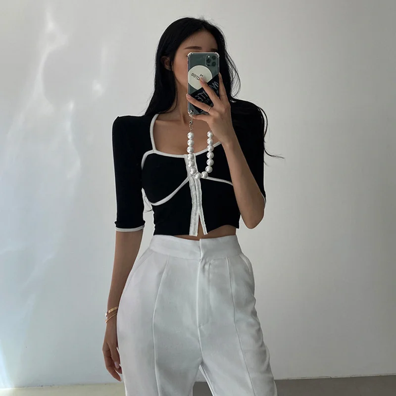 

Футболка женская облегающая с квадратным вырезом, модный пикантный Повседневный Топ с рукавом до локтя, элегантная вязаная уличная одежда ...