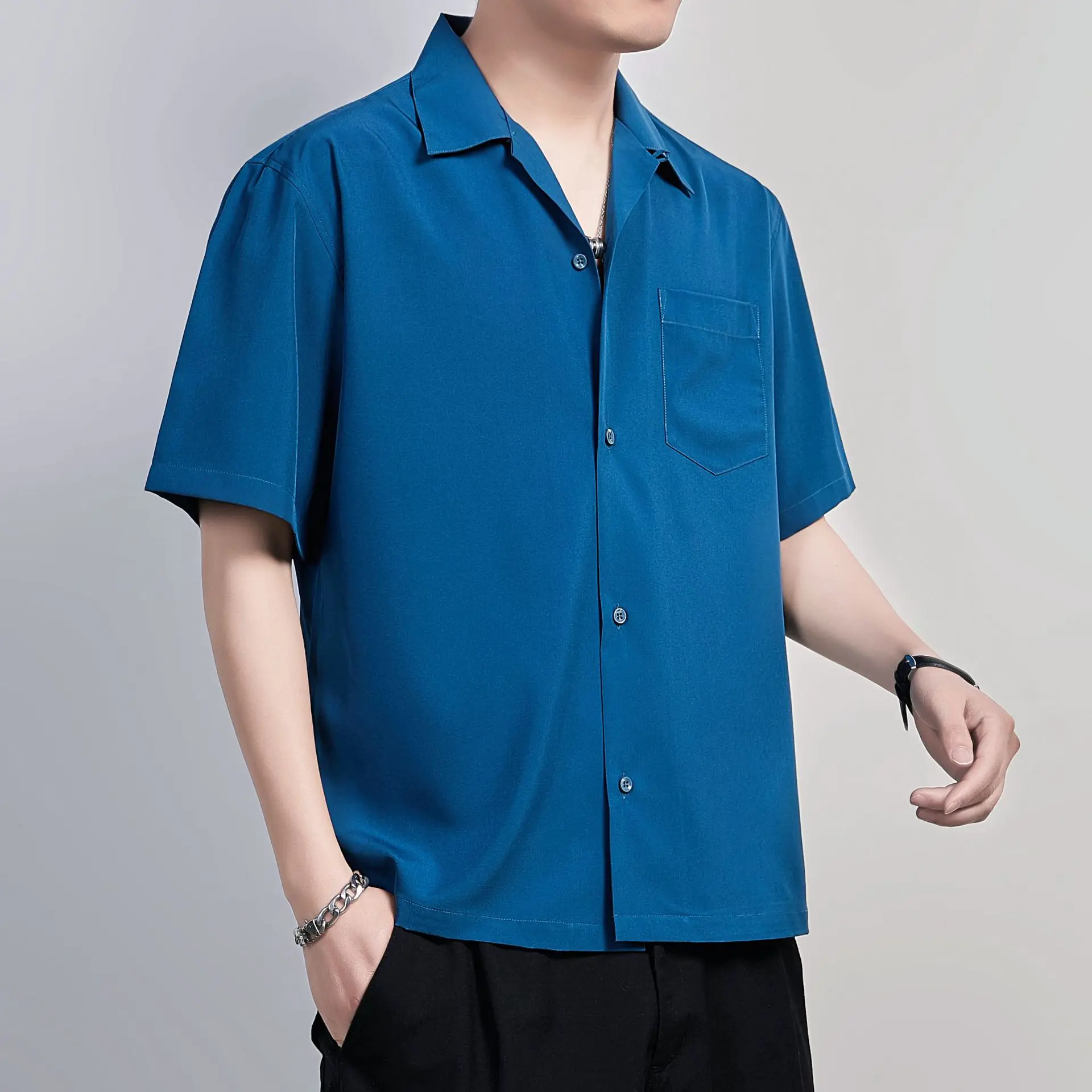 

Blue Men Shirts Casual Cuban Short Sleeve Solid Mens Shirt Work Business Brand Camisas Pocket Summer 2021 New Chemise Homme