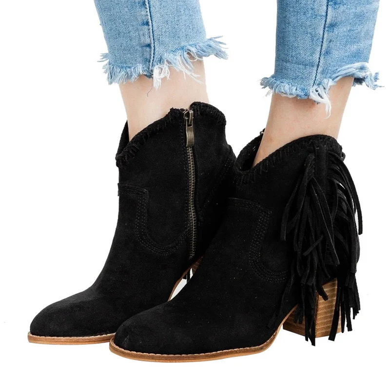 MoneRffi/женские полусапожки с кисточками и круглым носком; ботинки с пряжкой на ремешке в этническом стиле; теплые Нескользящие ботинки; женская обувь; Botas Mujer - Цвет: black