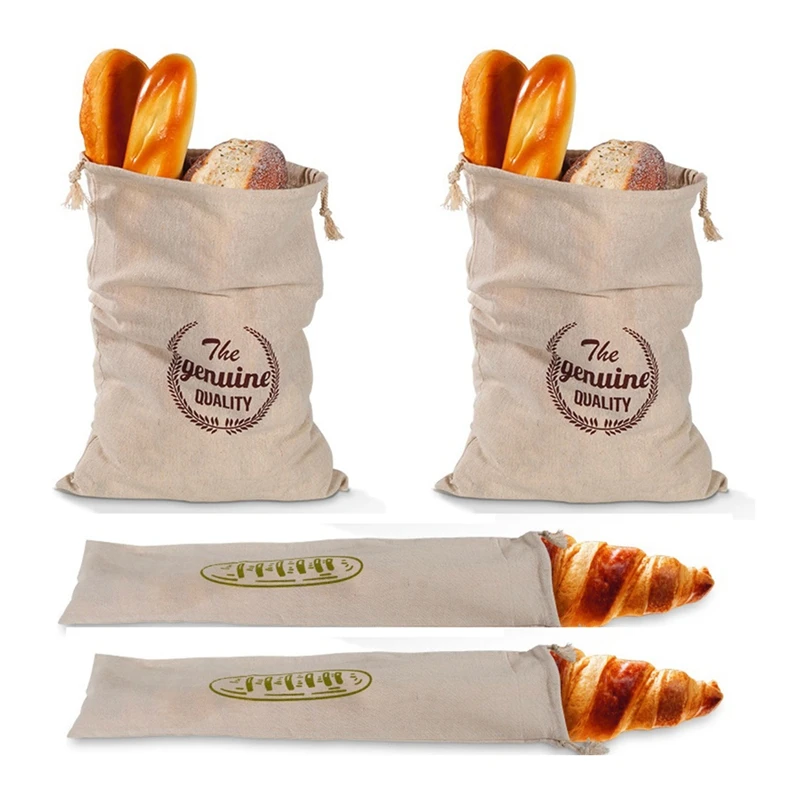 

4 Pcs Linen Bread Bags,Reusable Food Storage Bags,Natural Linen Drawstring Storage Bread Bags for Kitchen