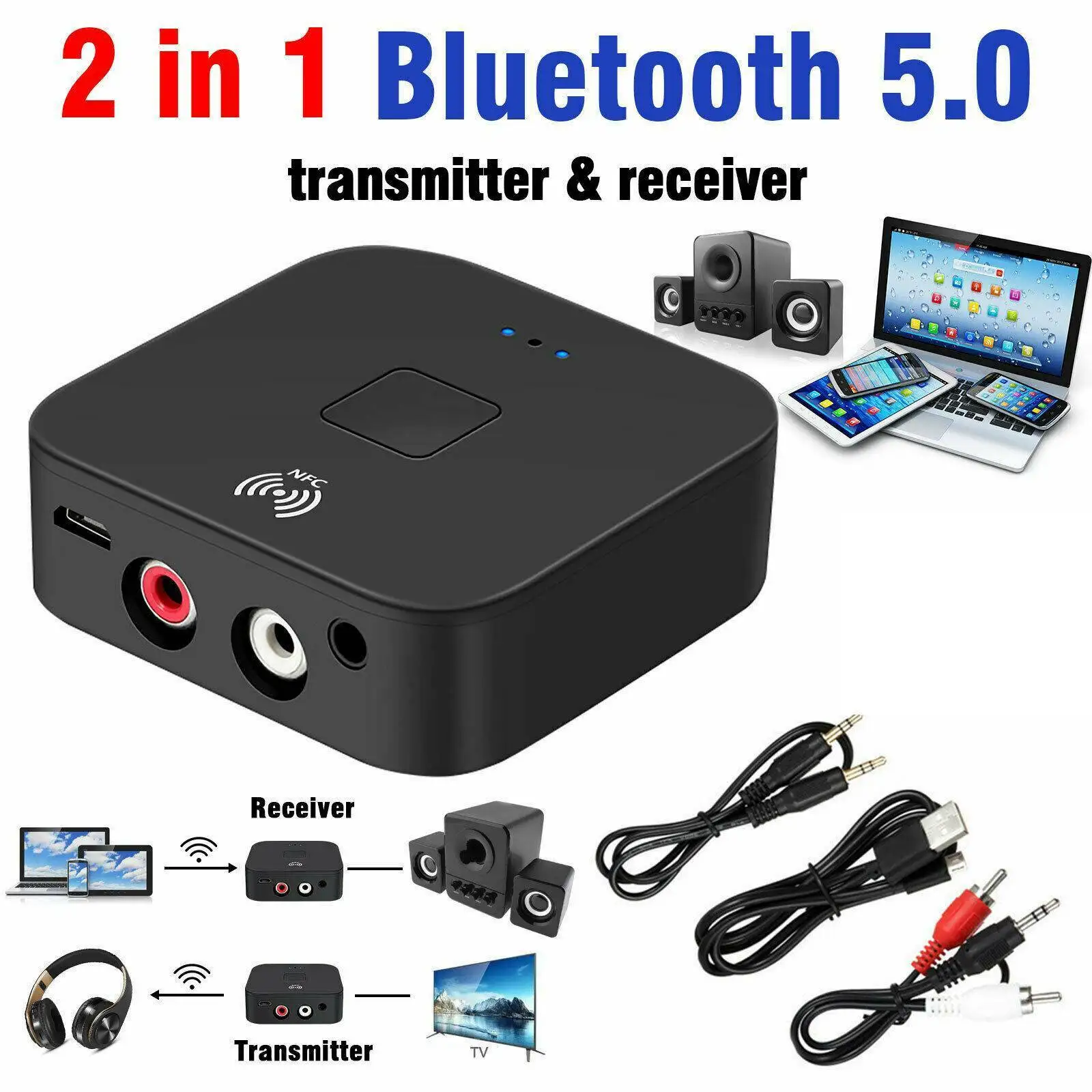 Беспроводной приемник Bluetooth 5 0 с разъемом 3 мм AUX NFC на 2 RCA аудио стерео адаптер