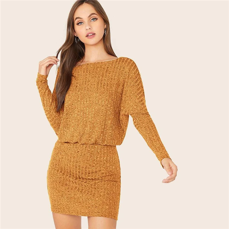 SHEIN Бордовое платье с рукавом летучая мышь, вязанное в рубчик, женское осеннее платье с вырезом лодочкой и длинным рукавом, Дамское приталенное элегантное мини-платье