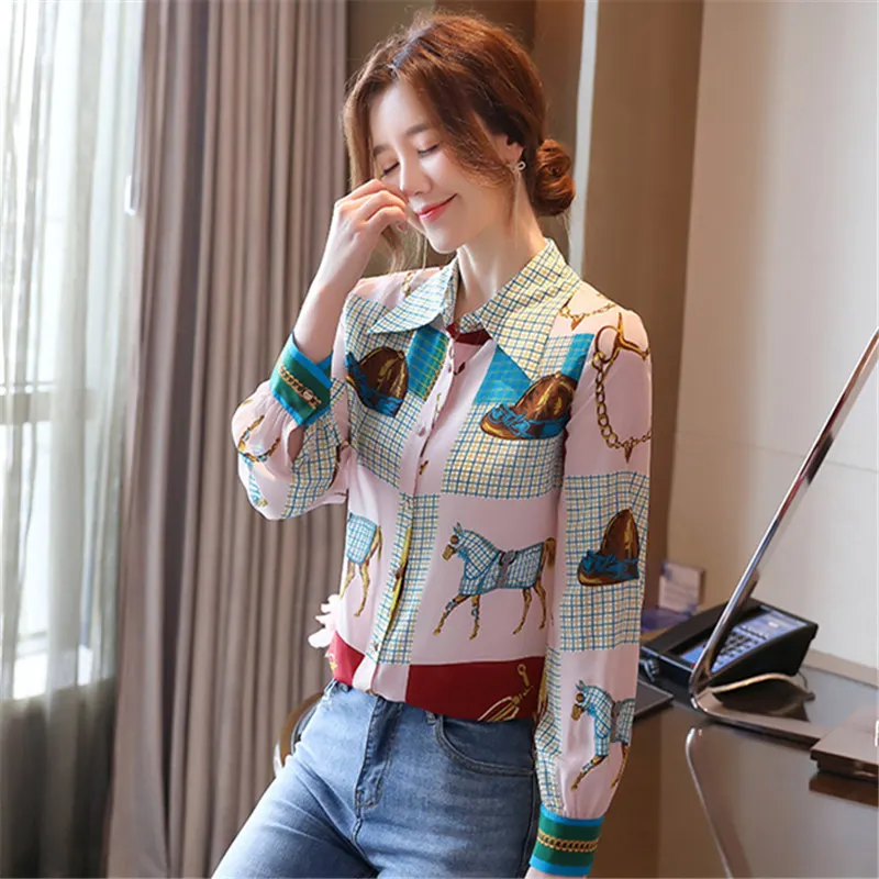 

2020 Autumn Fashion Women Tops And Blouse Long Sleeve Cartoon Print Silk Shirt Office Lady Polo Neck Button Clothes Blusas Mujer