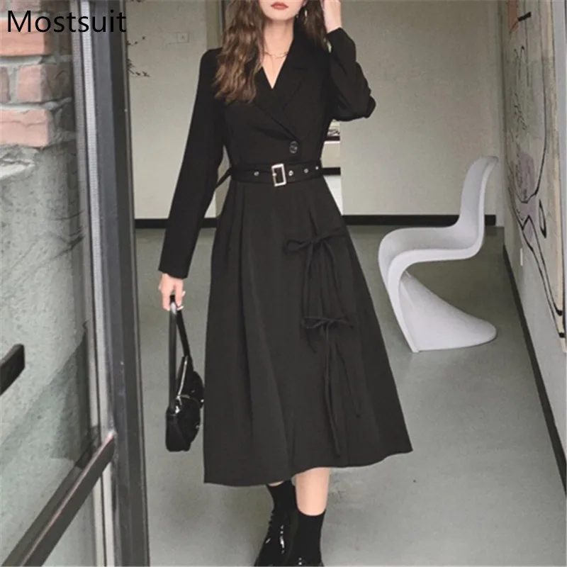

Black Office Ladies Suit Dress Women Full Sleeve Notched Collar Belted Splitting A-line Midi Dresses Korean Fashion Vestido 2021