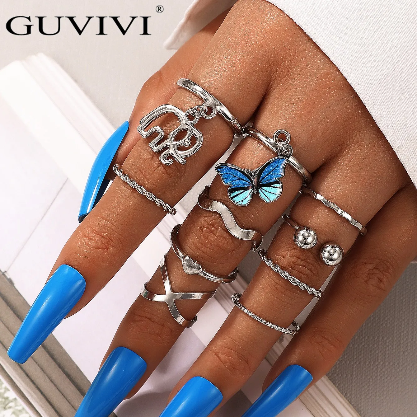 Набор колец в богемном стиле со слоном и синей эмалью форме бабочки винтажные