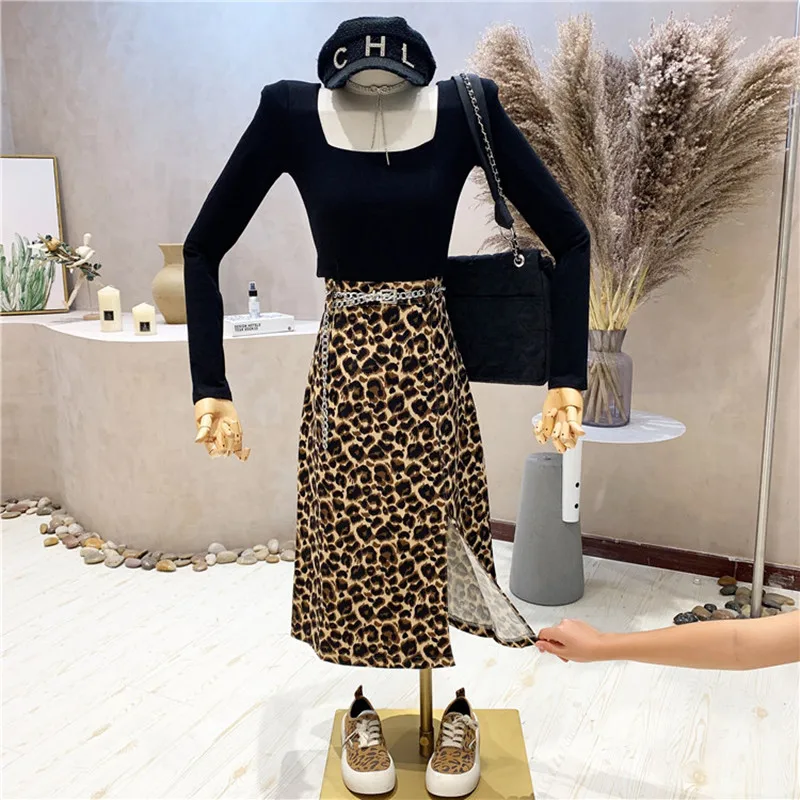 

New Women's Clothing Summer 2021 Fashion Design sense Leopard Split medium length high waist one step A-line skirt