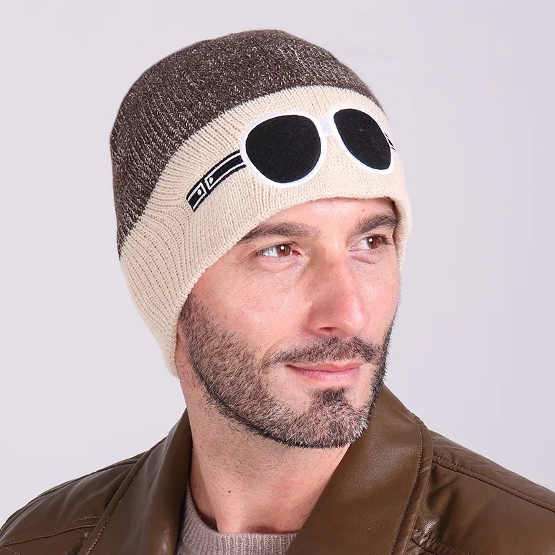 Шерстяная шапка для мужчин и женщин вязаная двухцветная с вышивкой в виде очков