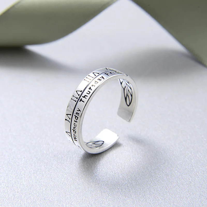 

S925 Sterling Silver Vintage Thai Silver Style Engraved Roman Letter Opening Adjustable Ring Silver Jewelry