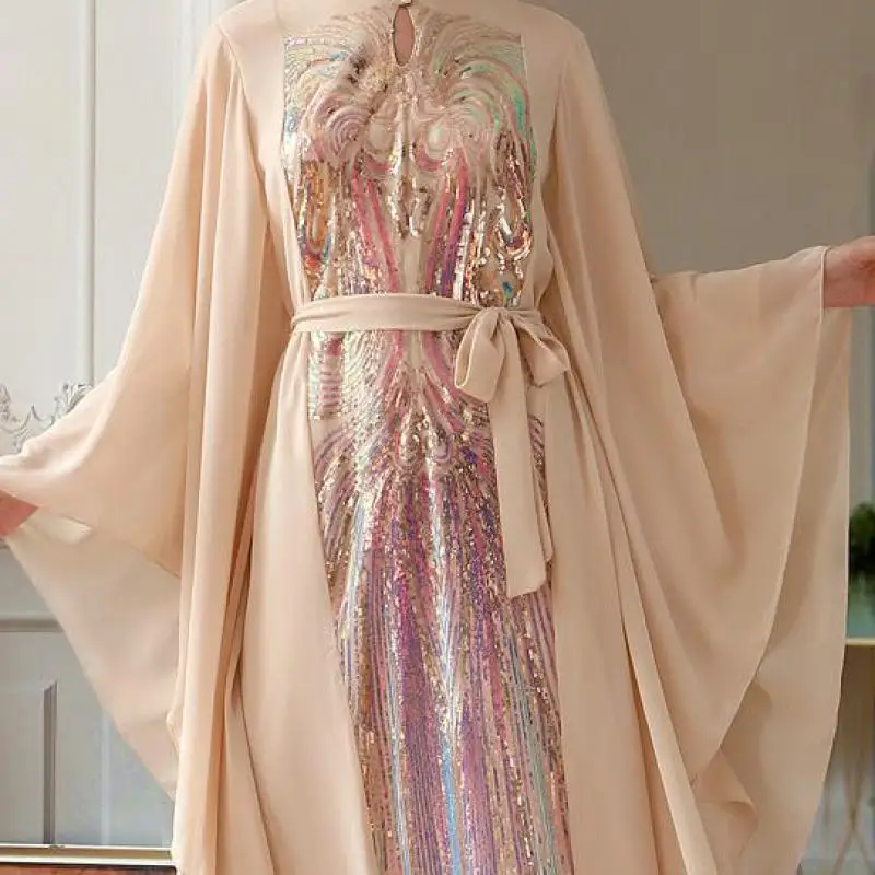 

Beige Yellow Colorful Butterfly Sleeve Dress Middle Eastern Fashion Women's Robe Arab Hui Ethnicity Ramadan Dress Muslim Clothes