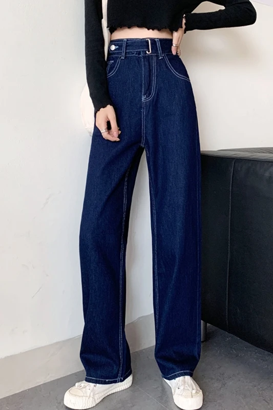 

Distressed Jeans Women High Waisted Jean New Korean Fashion Boyfriend Ripped Blue Jeans Thin Straight Drape Loose Mop Long Pants