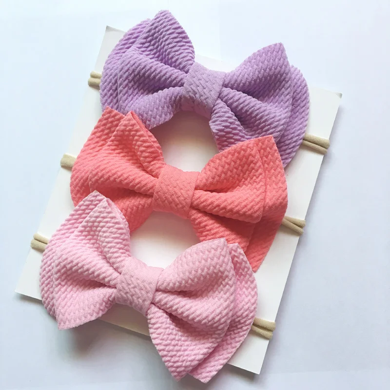 Set of 3, Baby Girls Fabric hair bow nylon headband, messy bow Schoolgirl Bow headbands baby shower gift
