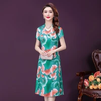 2021 summer fashion green print simulation silk slim v neck lady dress for middle aged mother plus size 4xl vestidos