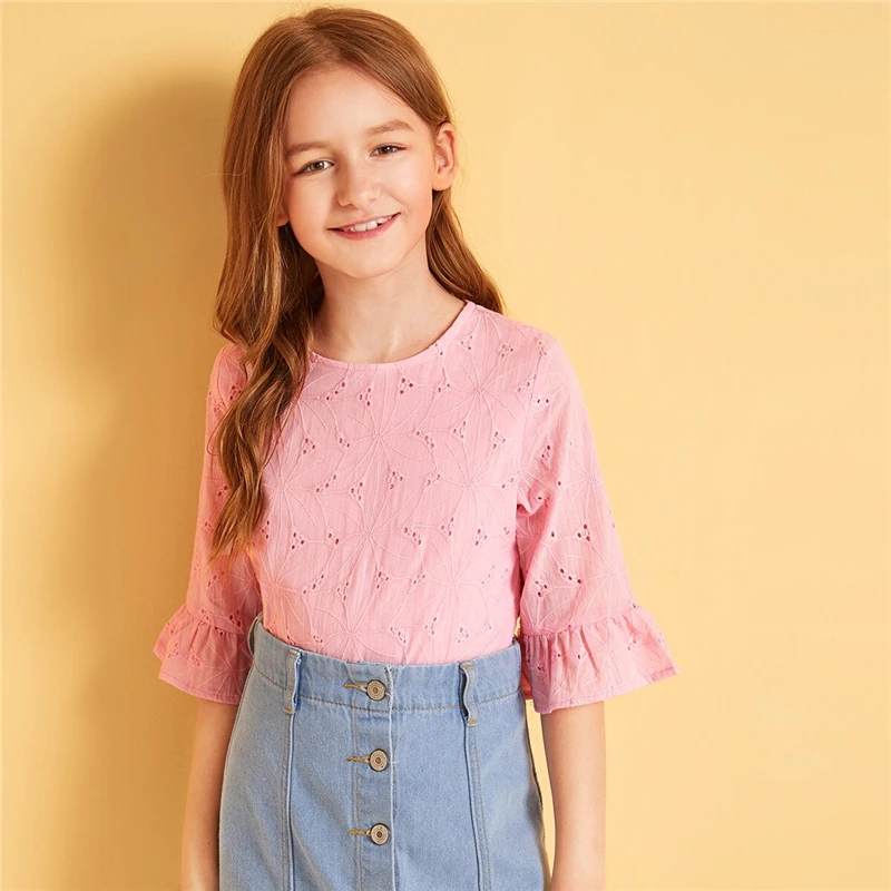 SHEIN Kiddie Ginger/однотонная кружевная блузка с рюшами и проймой для подростков г., летняя детская блузка с рукавами-бабочками на пуговицах, рубашка