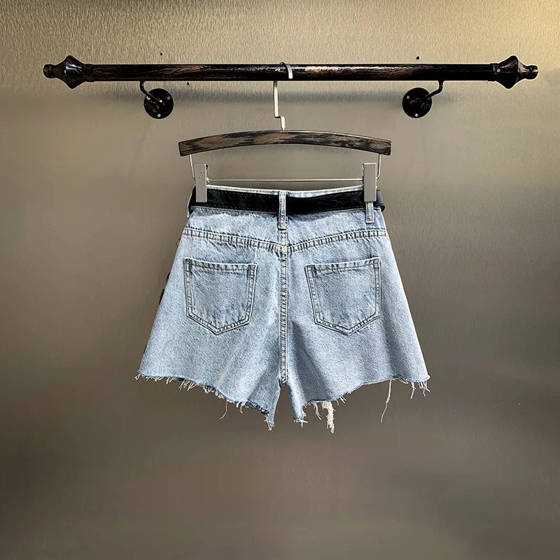 2022 Summer Women Cute 3D Cartoon Eyes Patchwork Tassel Denim Shorts Female Casual Streetwear Sequins Short Jeans Trousers