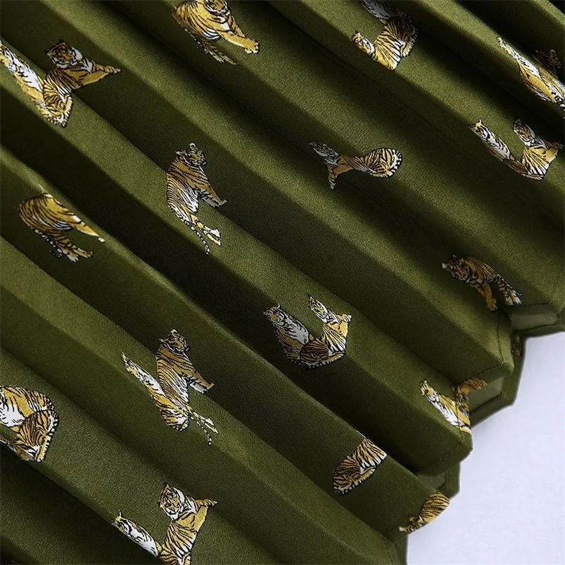 

ZXQJ Women 2021 Chic Fashion Animal Print Pleated Midi Skirt Vintage High Waist Side Zipper Female Skirts Mujer