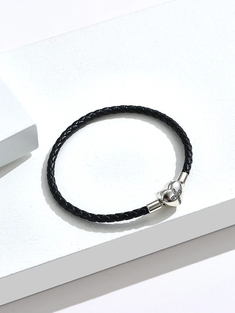 

ZEMIOR Braided Rope Brecelet For Couple S925 Sterling Silver Inlay Zircon Cross Shape Black Brecelet Show Love Fine Jewelry