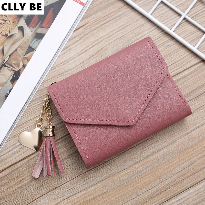

Women Wallet Cute Student Tassel Heart Pendant Short Wallet Small Fashion PU Wallet 2020 Coin Purse Ladies Card Bag For Women