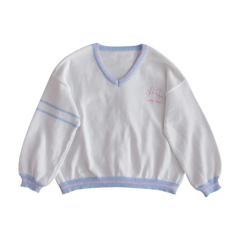 

Preppy JK Soft Sister V-Neck Knitted Sweater Female Japanese Harajuku Kawaii Bunny Embroidery Jumper Women Spring Autumn tops