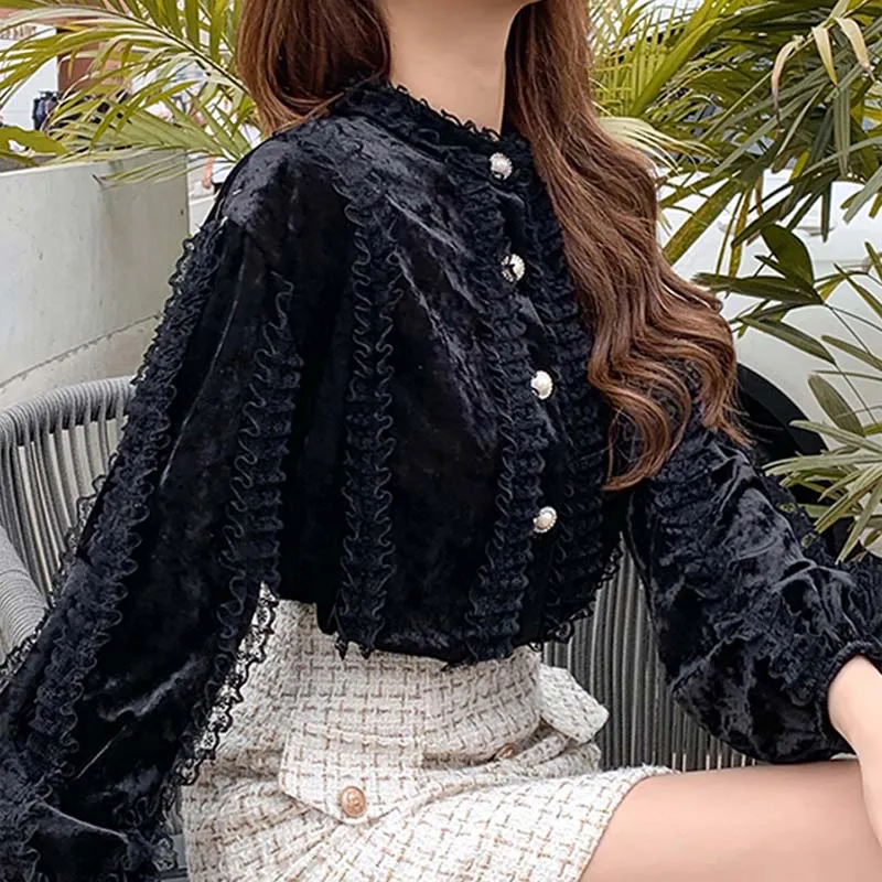 

Winter Plus Size Blouses Women Golden Velvet Shirt Female Long Sleeve Lace Splicing Top Office Style Solid Korean Blouses 2020