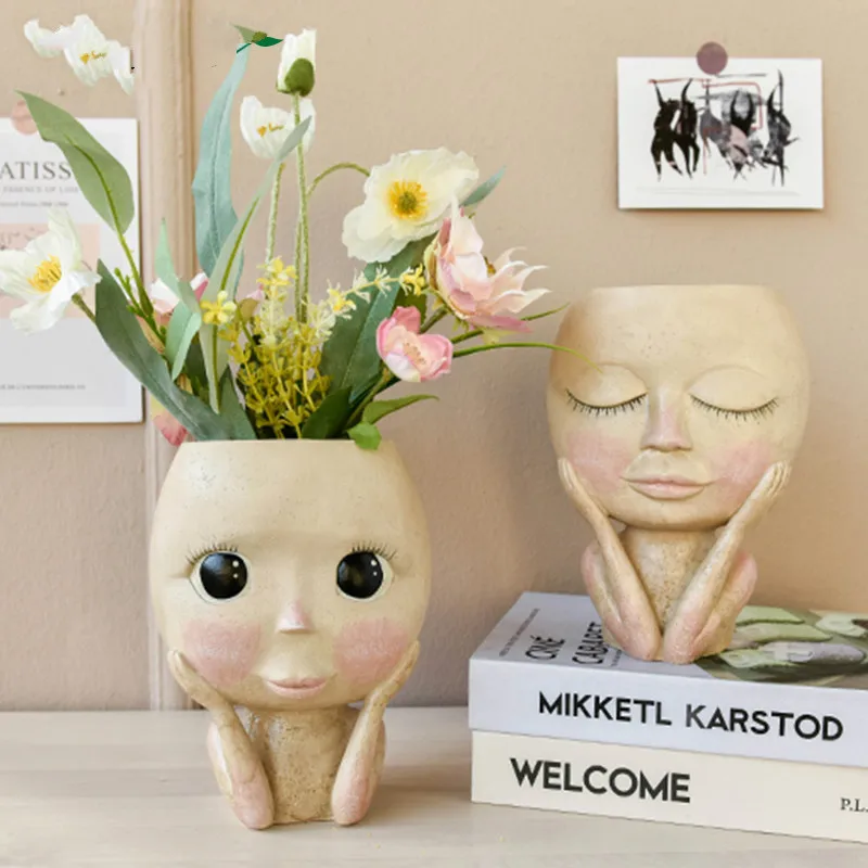 

HOT Nordic Art Human Head Vase Face Flower Pot Doll Design Resin Flower Pots Cute Home Decor Succulents Planter Head Shape Vase