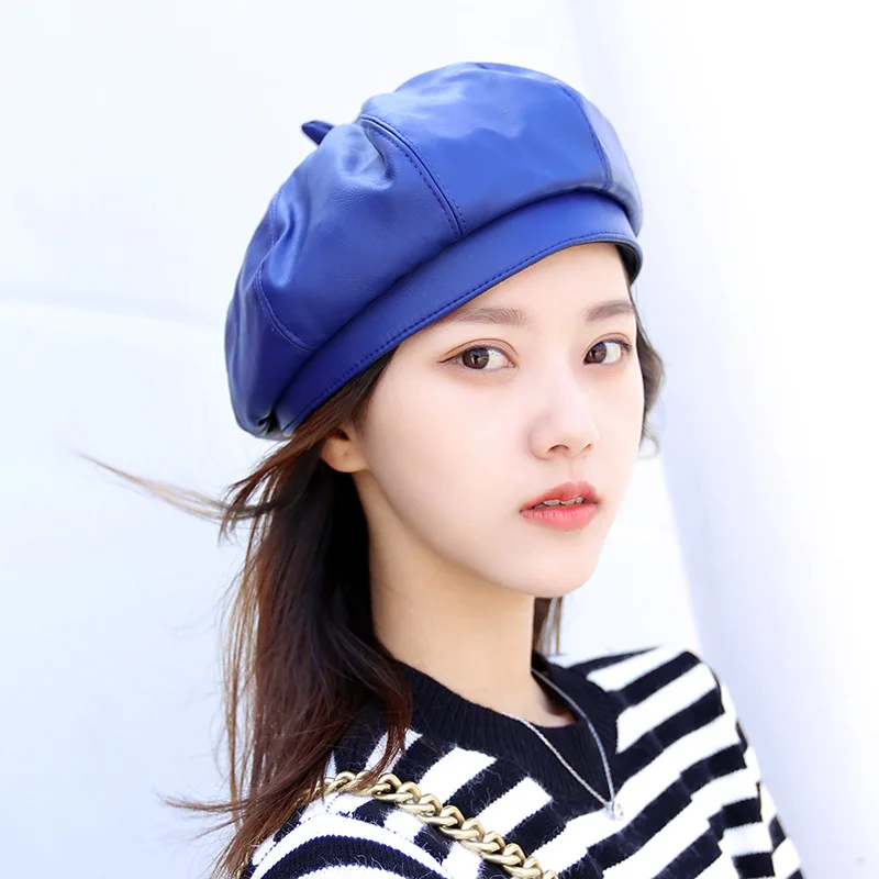

Hat ladies Korean version of the new beret pu leather Japanese simple painter hat tide outdoor art male octagonal hat bonnets