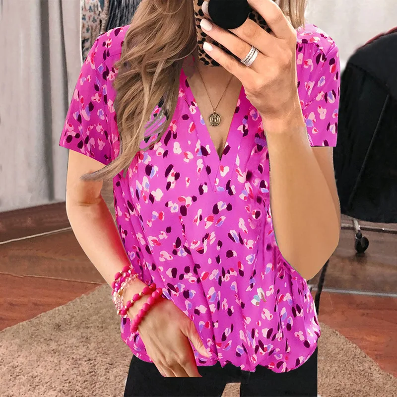 

Print Fashion Summer Blouse Shirt Women Clothes Womens Tops and Blouses Short Shirts Casual V-Neck Vintage Roupas Ladies Top