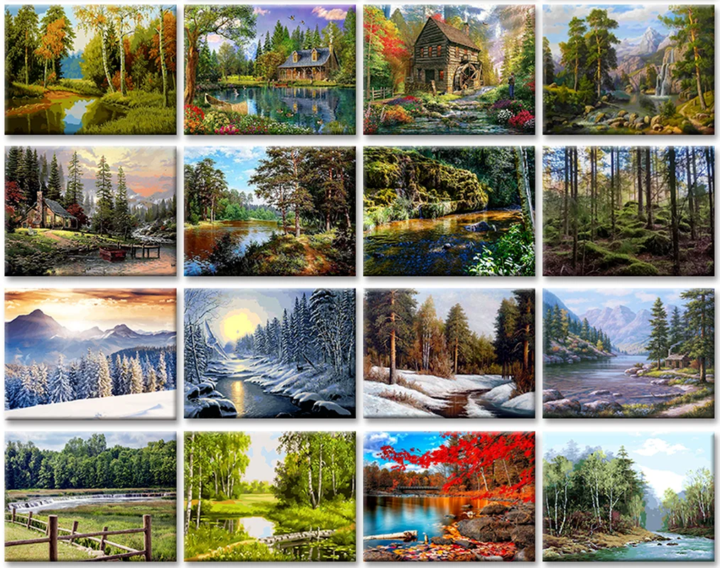 

5D DIY Poured Glue Diamond Painting Kits Scalloped Edge Nature Landscape Full Round Square With AB Drill Home Decoration Gift