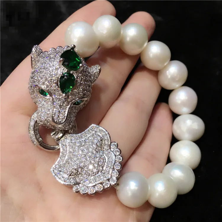 

Handmade leopard head micro inlay zircon clasp Natural white edison pearl bracelet bracelet gift box packing