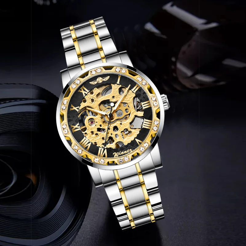 Победитель, прозрачный модный бриллиантовый дисплей, светящиеся стрелки, механизм движения, Мужские t Ретро Королевский дизайн, мужские механические скелетные наручные часы