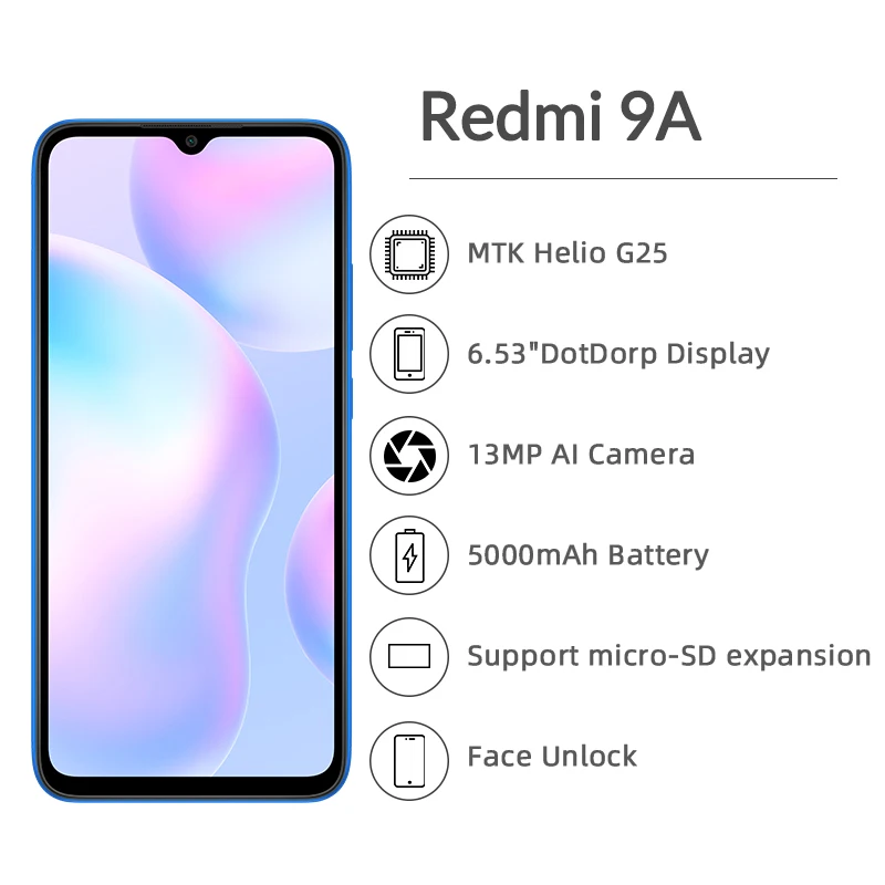 Глобальная версия смартфона Xiaomi Redmi 9A 2 Гб ОЗУ 32 ПЗУ Восьмиядерный процессор MediaTek
