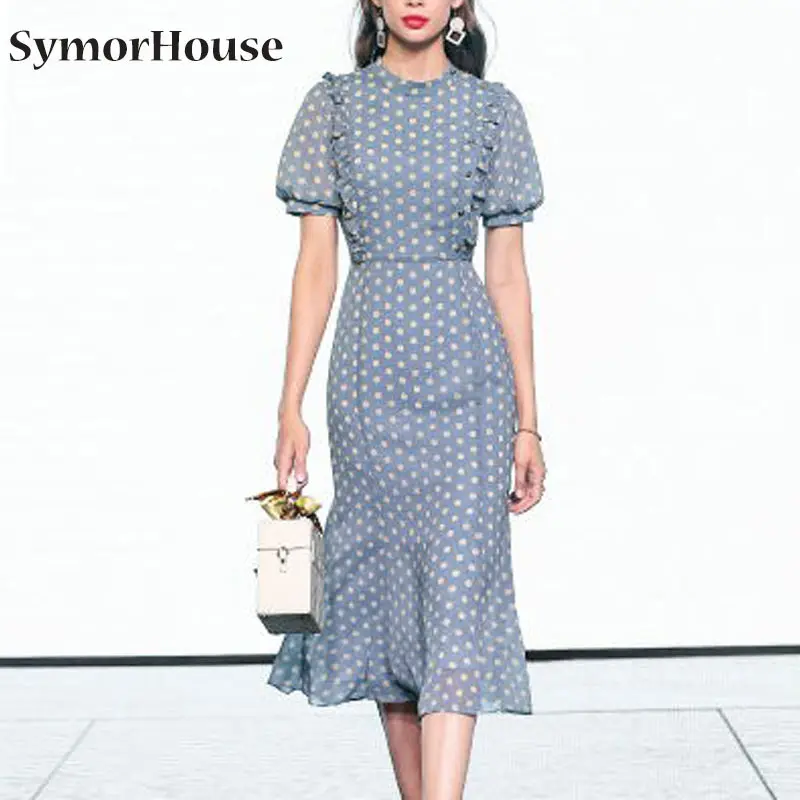 Женское шифоновое платье футляр в горошек с юбкой годе|Женские платья| |