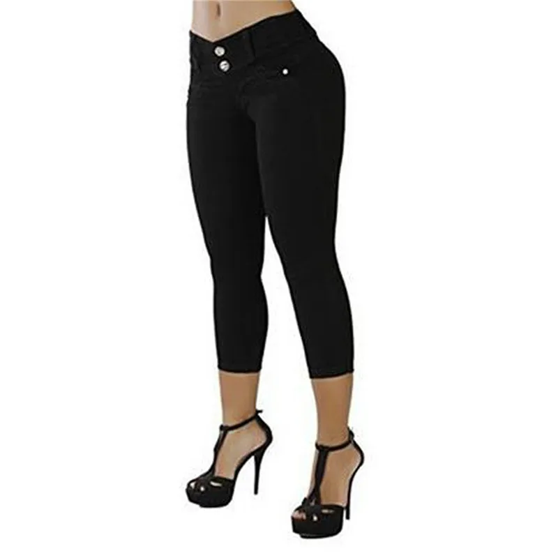 

2020 New Women's Jean-Like Package Hip Pant Slims Solid Color High-Waist Elastic Seven-Cent Pants Cotton Blend Casual Wearing