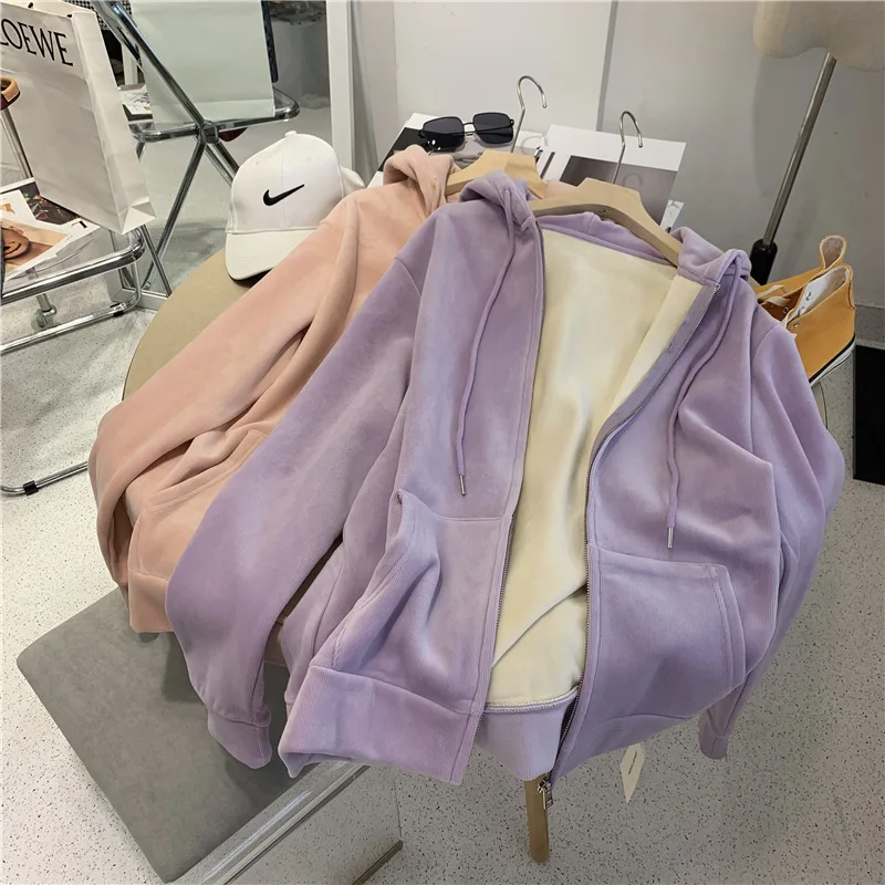 

Plus Velvet Padded Round Neck Pit Striped Long-sleeved Hoodie Women Winter New Cardigan Super Dalian Hoodie Women Sweatshirt