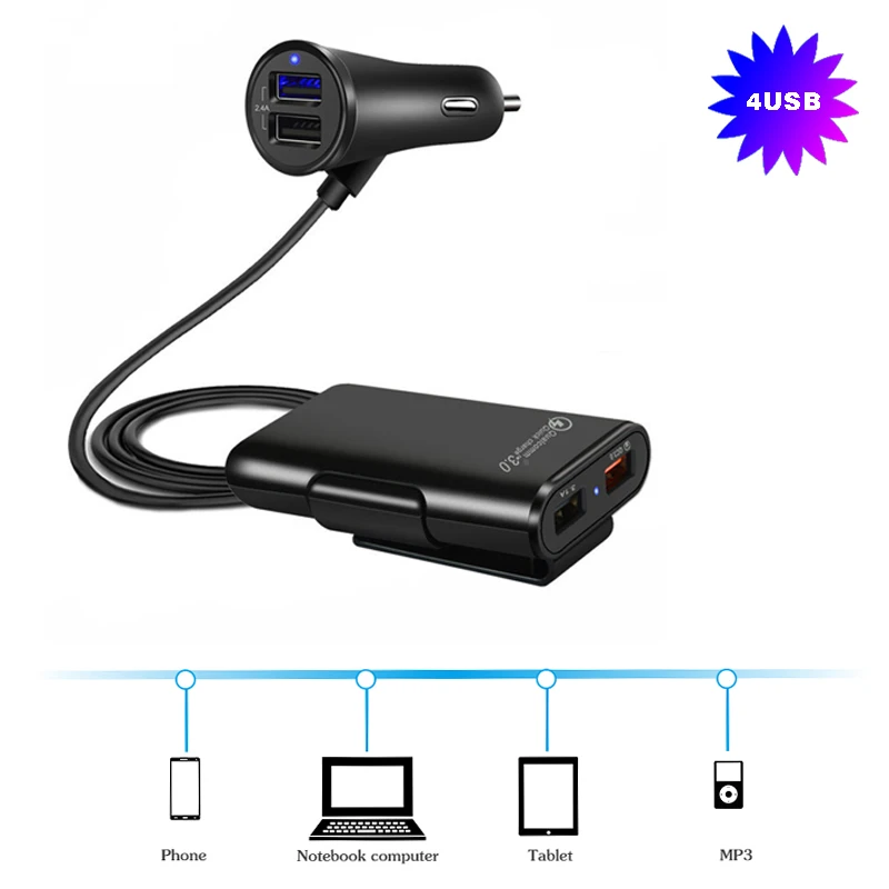 QC 3,0 2.4A 3.1A 4 порта USB Запчасти автомобильное зарядное устройство с 5.6ft удлинитель кабель Автомобильное Usb зарядное устройство Зарядка в автомобиле для huawei samsung