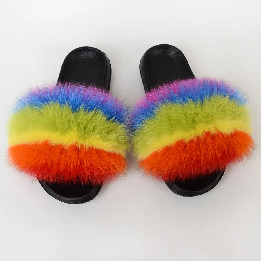 

Women Real Fox Fur Slides Girl's Warm Fluffy Party Fur Slippers Flat Home Fur Flip Flops Ladies Furry Flat Sandals Drop Shipping
