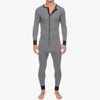 mens underwear striped one piece rompers long sleeve button bodysuits comfortable jumpsuits men undershirts sleepwear overalls