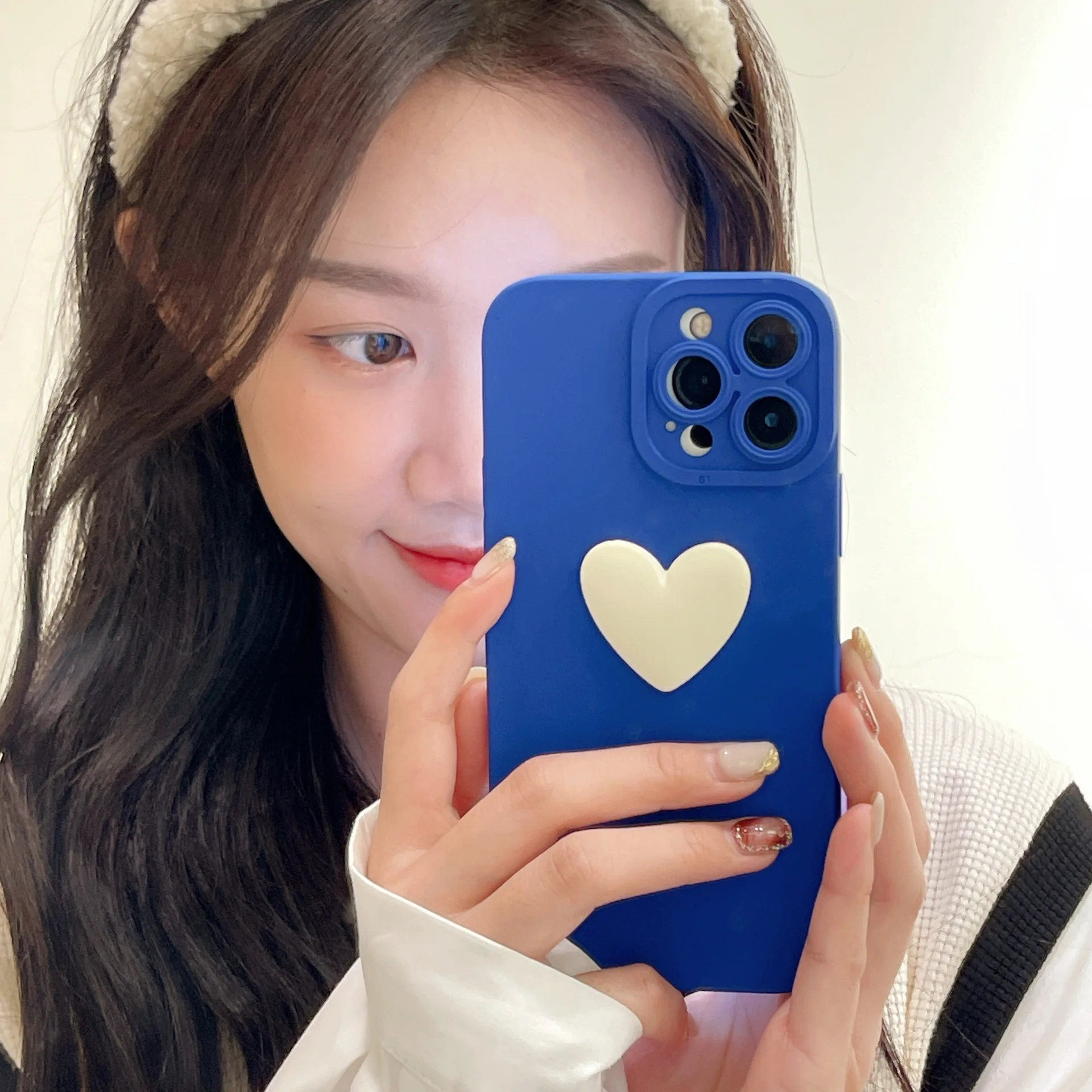 

3D Simple Blue Love Heart Korea Phone Case For iPhone 13 12 11 Pro Max X Xs Max Xr 7 8 Puls Coque Cute Soft Silicone Cover