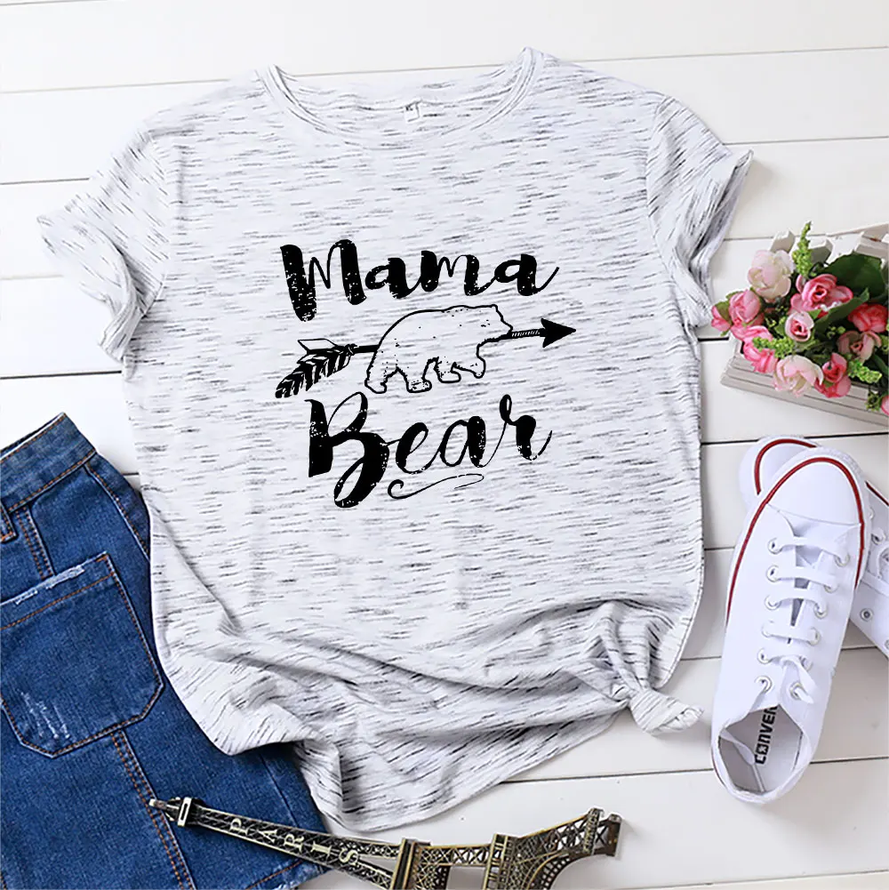 

2021 Summer Oversized Women T-shirt Mama Bear Letter Print T-Shirt O-neck Short-sleeved T-shirt Cotton Women Clothing Tops Tee