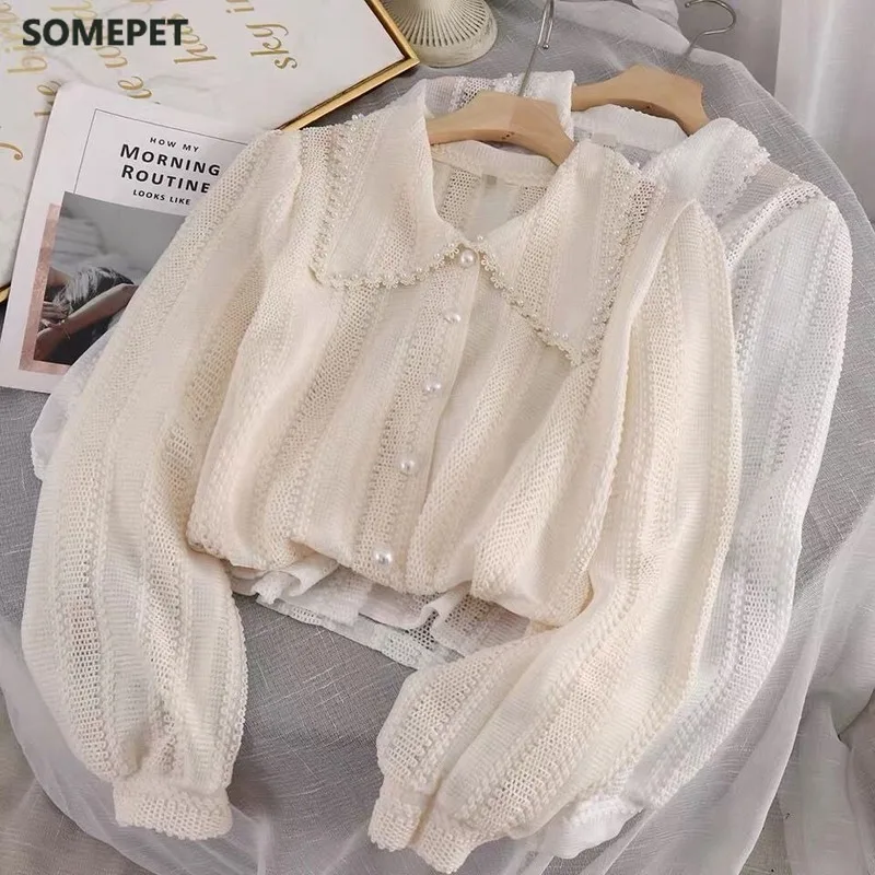 

Autumn New Fashion Women Long Sleeves Peter Pan Collar Tops Shirts Female Elegant Lace Office Ladies Hollow Out Blouses