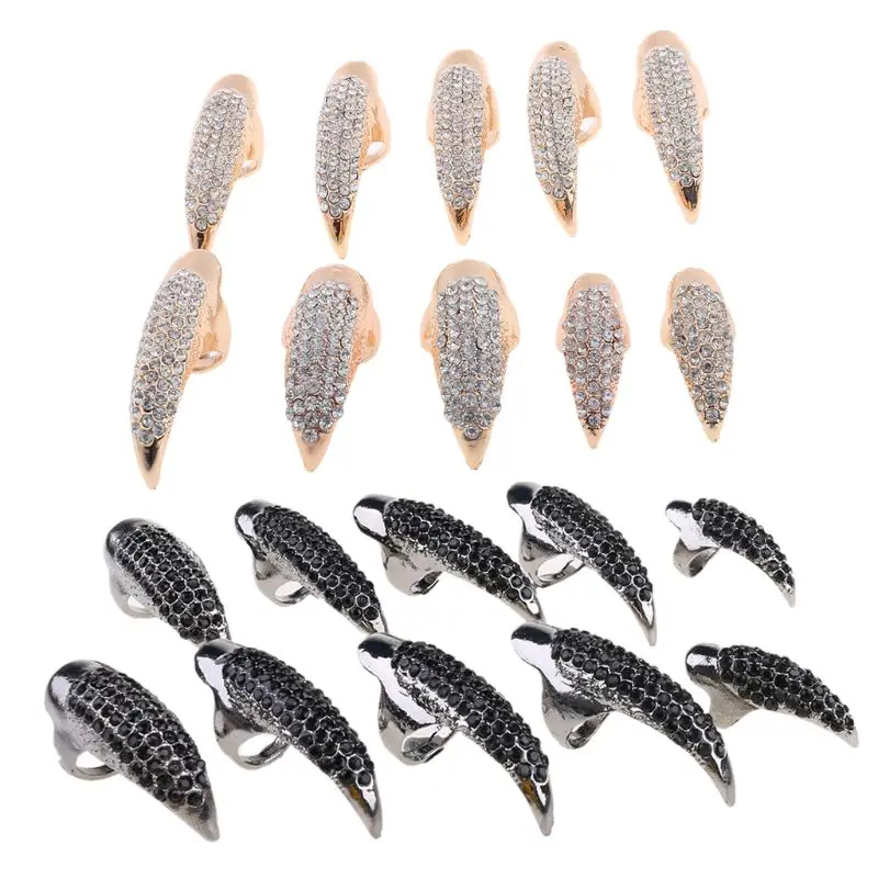 

10 PCS Halloween Costume Claws Fake Nails Ring Set, Gothic Punk 3 Sizes Crystal Full Finger Rings Paved Paw Bend Fingertip Claw