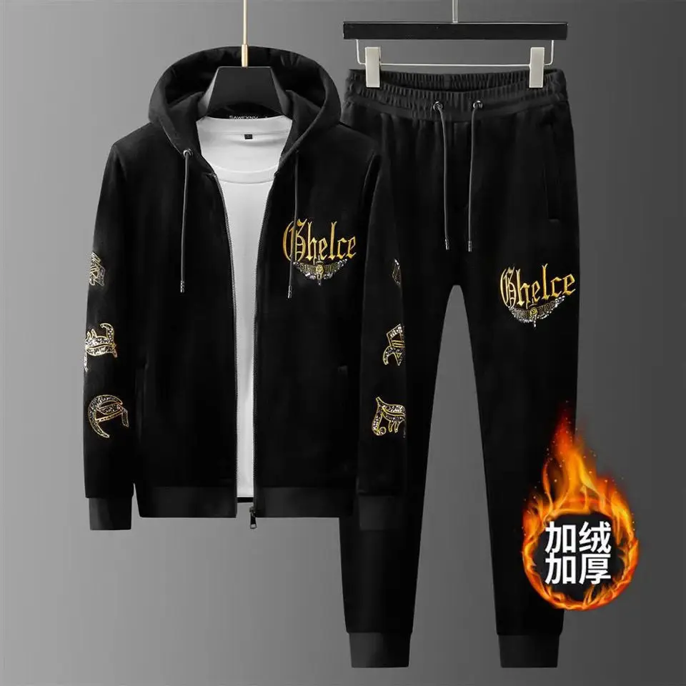 

2021 winter double-sided fleece hooded men's suit light luxury tide embroidery plus velvet warm leisure sports two-piece suit