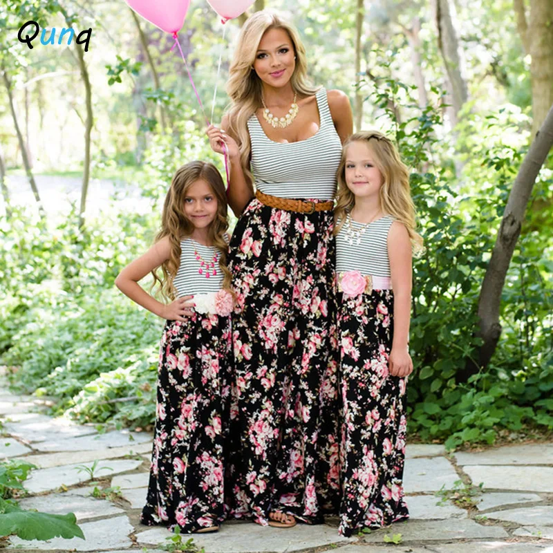

Qunq Summer Mother Daughter Dress 2021 New Casual Striped Floral Dresses for Women Girls Sleeveless Mommy and Me Family Clothing