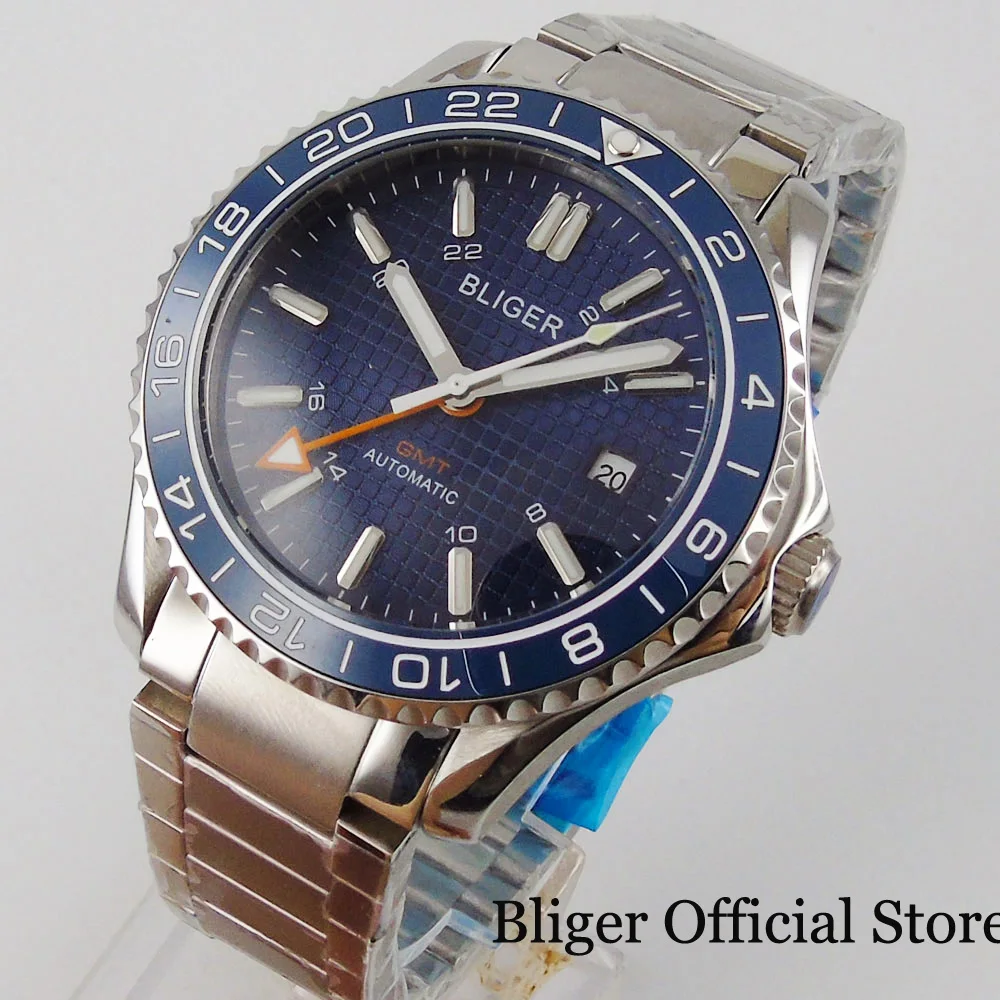Мужские наручные часы BLIGER GMT 41 мм сапфировое стекло браслет из нержавеющей стали