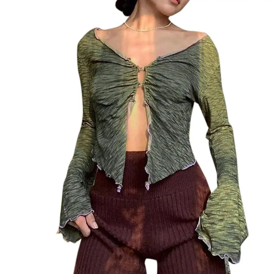 

Women Open Front Crop Tops Sexy V Neck Long Sleeve Central Clasp Lettuce Trim Blouse Slim Fit Tie-up Cardigan Y2K Vintage Tops