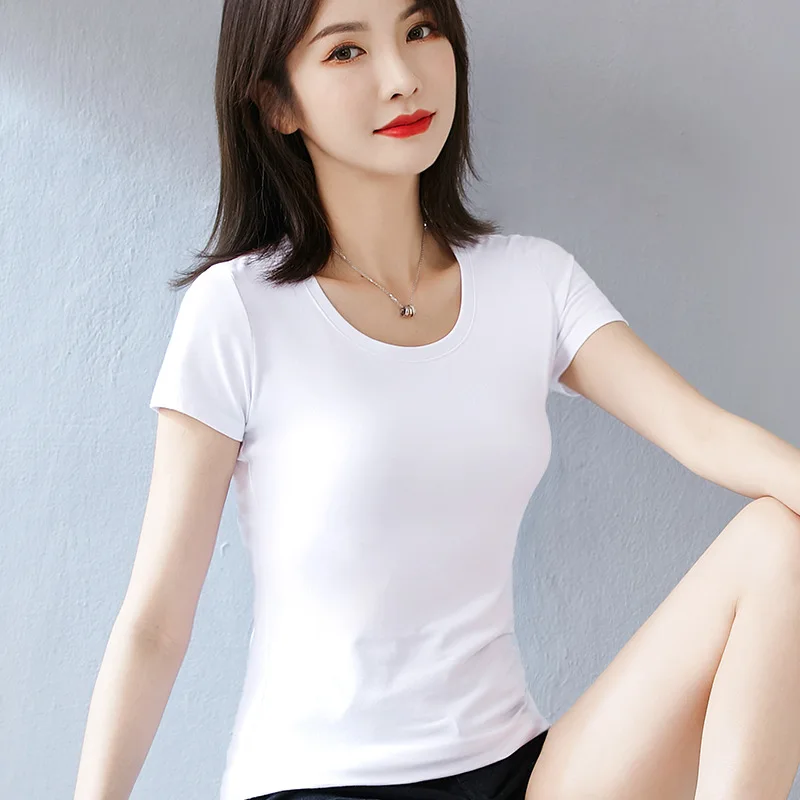 

2021 new fashion T-shirt Casual solid color womens shirt cotton round neck